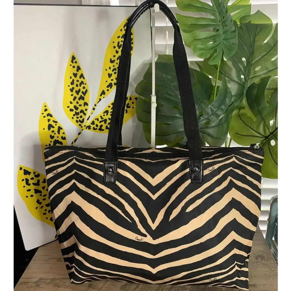 Coach y2k Devin Black Tan Zebra Print Nylon Overnight Tote Pouch